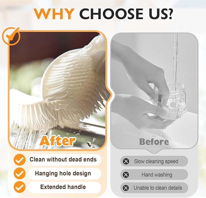 360° Flexible Silicone Bottle Brush with Long Handle,2025 New Multifunction Cleaning Foldable Cleaning Tool,Soft Bristle Silicone Cup Brush for Narrow Neck Bottles,Water Bottles (White/2pcs)