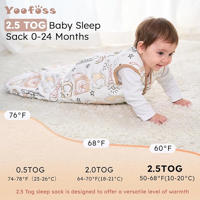 Yoofoss Baby Sleep Sack 12-18 Months, TOG 2.5 Baby Wearable Blanket with 2-Way Zipper, 100% Organic Cotton Fabric Winter Newborn Sleeping sack, Warm Soft Comfy(Large)