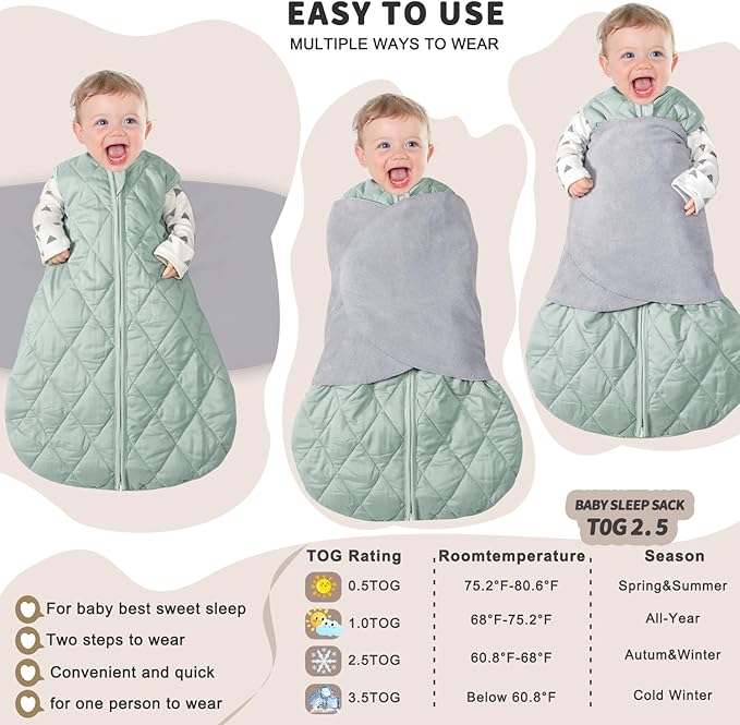 Newborn Sleep Sack Baby Swaddle,3-Way Adjustable Wearable Blanket,Swaddling Sleeping Bag,TOG 2.5 (Green, 0-3 Months)