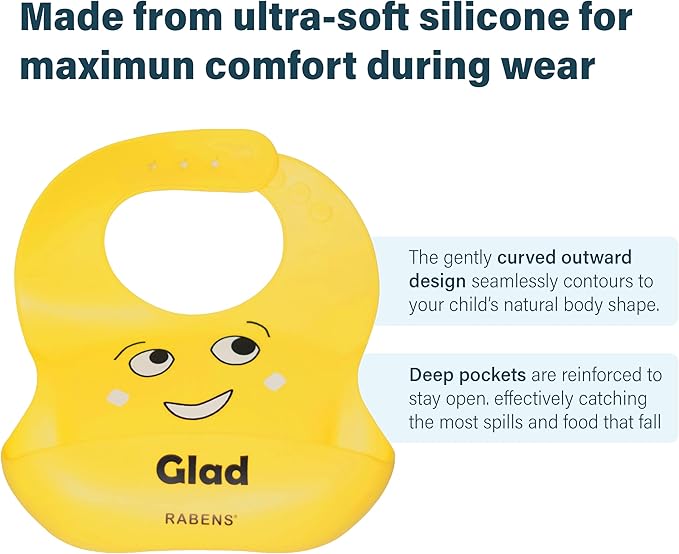 MY FIRST EMOTIONS Set of 4 Silicone Bibs for Babies and Toddler BPA Free Waterproof Adjustable Feeding Bib with Large Pocket Food Catcher Easier Mealtime