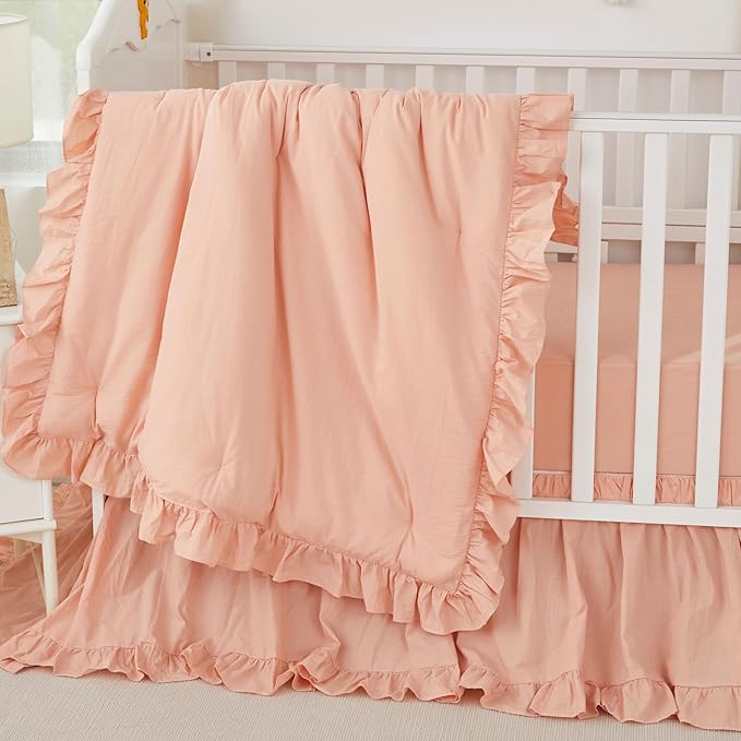 Brandream Gender Neutral Boho Bohemian Baby Girl Nursery Crib Bedding Set 3 Pieces Solid Blush Farmhouse Chic Ruffle Unisex Cozy 100% Washed Cotton