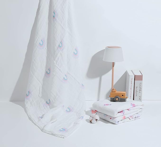 Muslin Baby Quilt 100% Cotton Newborn Blanket 47" X 47" 2 Layers Muslin Swaddle for Boy and Girl (Rainbow Series)