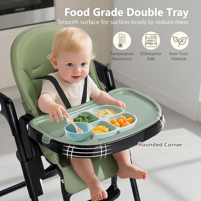 Kinder King Convertible High Chair for Babies & Toddlers, Adjustable Baby Feeding High Chair with Removable Double Tray, Simple Compact Fold for Space-Saving, 2 Built-in Wheels, Easy to Clean, Green