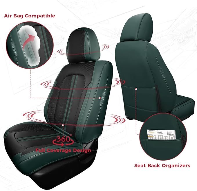 FREESOO Leather Car Seat Covers Full Set, Green Black Waterproof Seat Covers for Cars Trucks SUV, Luxury Front Car Seat Covers and Back Seats, Carseat Protector Car Seat Cover Fit for Most Vehicles