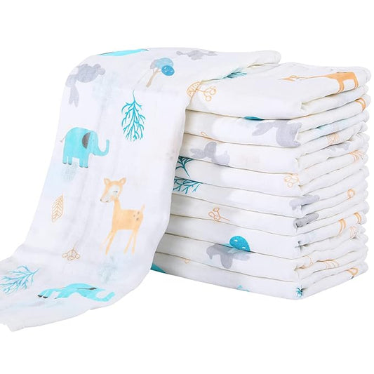 Yoofoss Muslin Burp Cloths for Baby 10 Pack 100% Organic Cotton Baby Washcloths for Boys Girls Large 20''X10'' Super Soft and Absorbent Elephant