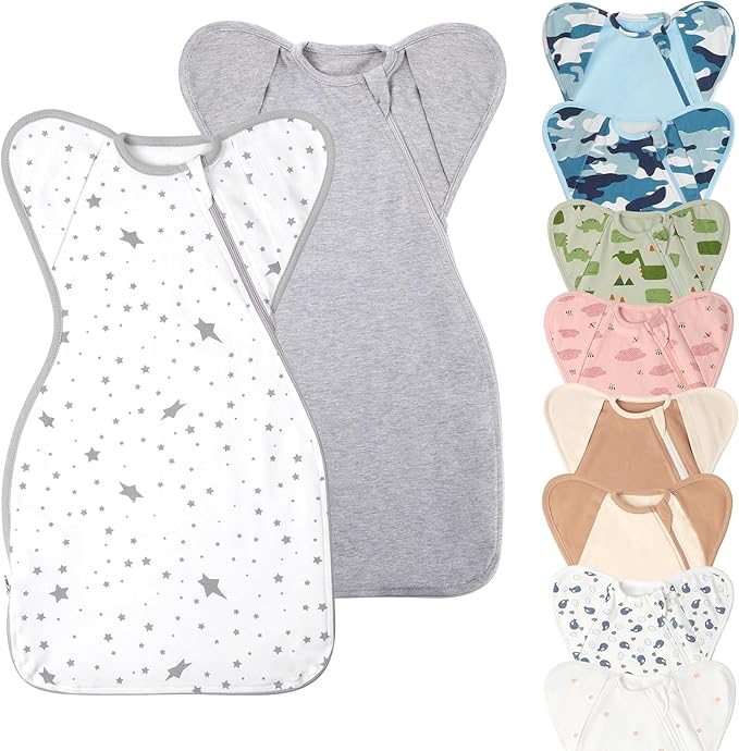 Premium Soft Cotton Swaddle Blanket Sleep Sack Arms Up 2 Packs 6-12 Months, Hands Up 3-Way Transitions to Arms-Free Wearable Sleeping Sack Bag for Babies Boys Girls Snug Fit Calms Startle Reflex