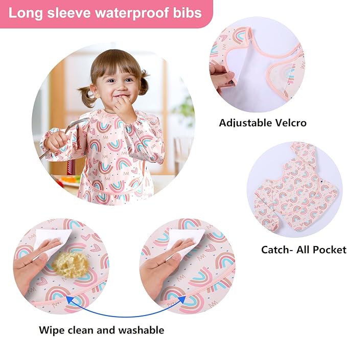 SPINFOX 2 Pack Baby Smock for Eating, Mess Proof Baby Bib, Waterproof Toddler Baby Feeding Bibs Shirt for Girl 6-24 Months