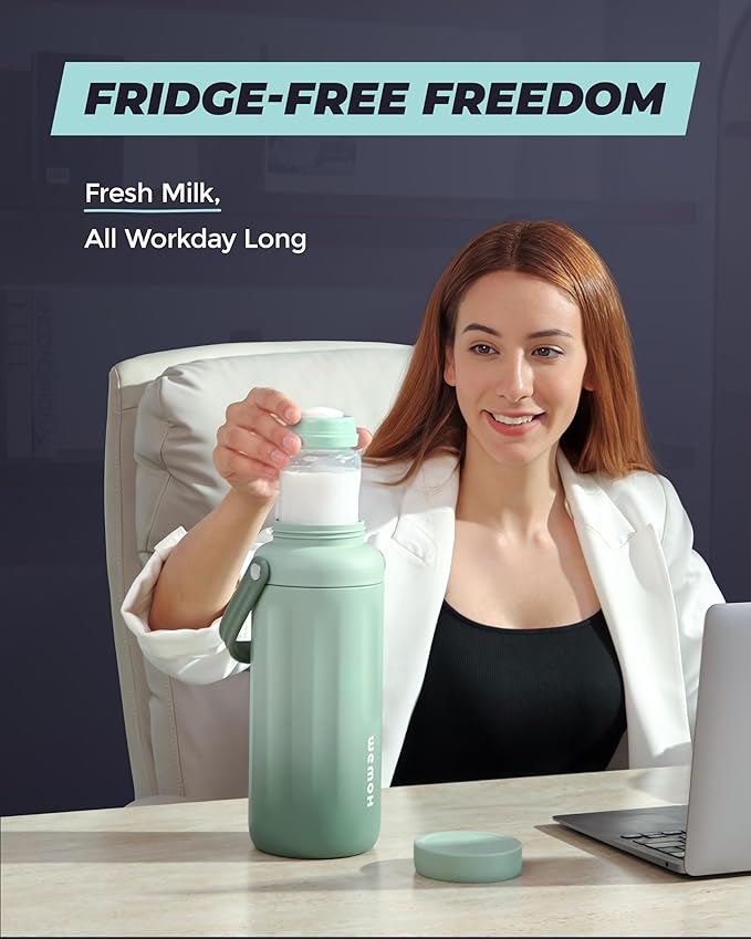 Breast Milk Cooler Bottle-24H Double-Layer Cooling, TSA Approved, 2 Leakproof Bottles & Ice Packs, (Non-Toxic BPA) for Travel, Work, Night Pumping, Gift for New Moms (Green)