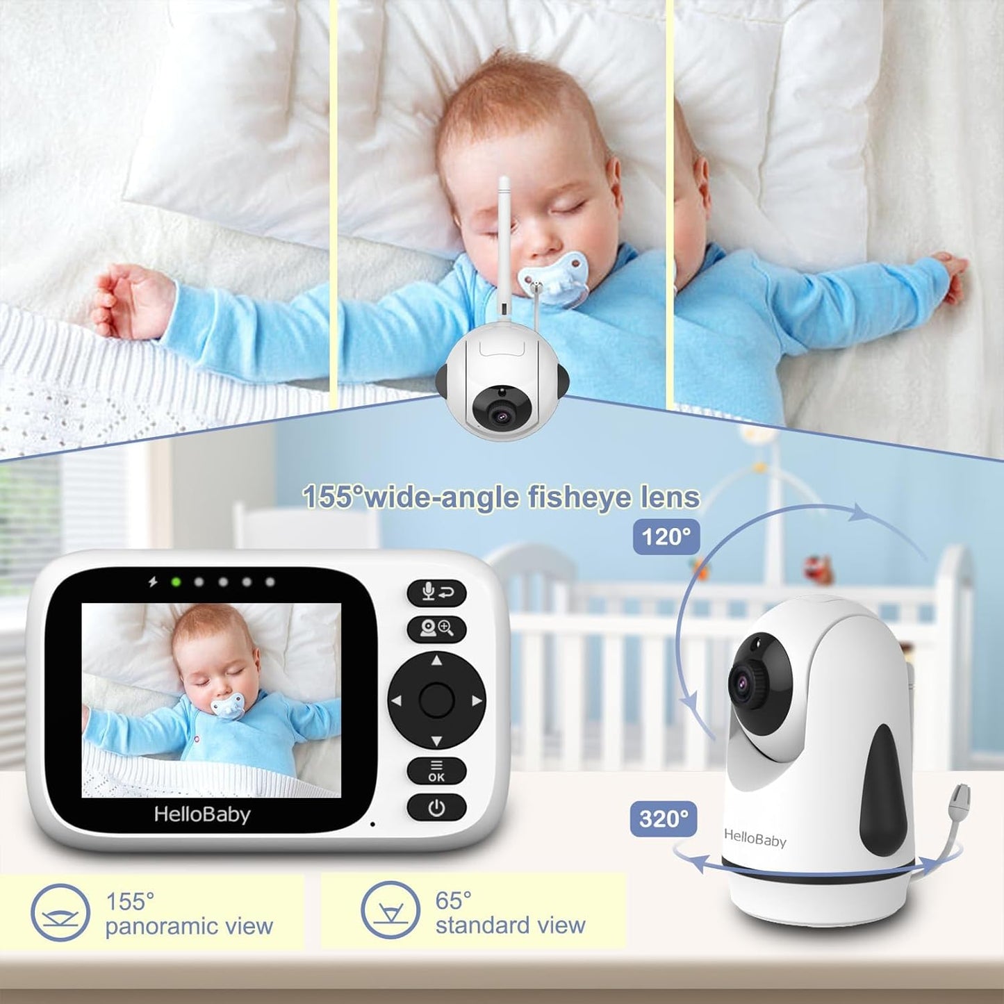 HelloBaby 3.2'' Baby Monitor 3 Cameras, Video Audio Baby Monitor No WiFi, Remote Pan-Tilt-Zoom, ECO, Night Vision, 2-Way Talk, 1000ft Range, 8 Lullabies and Temperature, Gifts for Parents and Babies