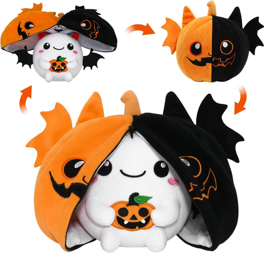 Halloween Stuffed Animal Reversible Bat Ghost Plush, Transformed Pumpkin Plush Zipper, Bat Ghost Stuffed Animal Cute Plushie Birthday Gift for Boys Girls Kids