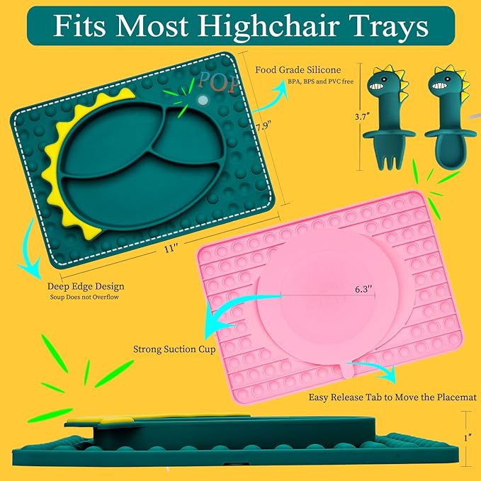 Silicone Toddler Dinosaur Feeding Placemat Set With Spoon and Forks, Baby Push Pop Bubble Suction Divided Plate Utensils, Kids Led Weaning Dish - Bubble Blue Dinosaur