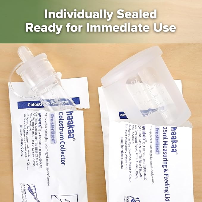 haakaa Colostrum Collectors 2ml/6pcs & Lidded Feeding Cup 25ml/1pc Set - Collect, Store & Feed Colostrum in One, Ready-to-Use Individually Wrapped, Reusable Colostrum Syringes for Liquid Gold