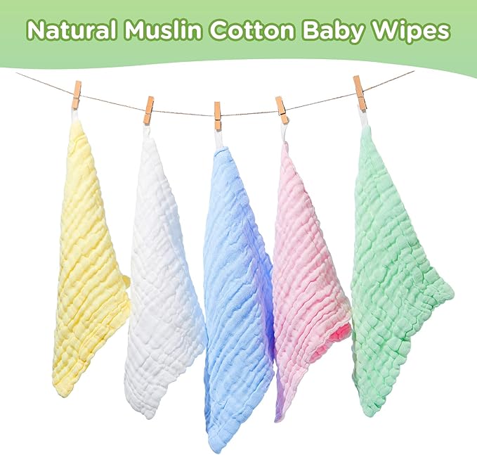 Breling 20 Pcs Baby Muslin Washcloth 12 x 12 Inch 100% Cotton Soft and Absorbent Muslin Washcloth Burp Cloth Wipe Newborn Face Towel for Baby Boy Girl Sensitive Skin (Blue, White, Green, Yellow, Pink)