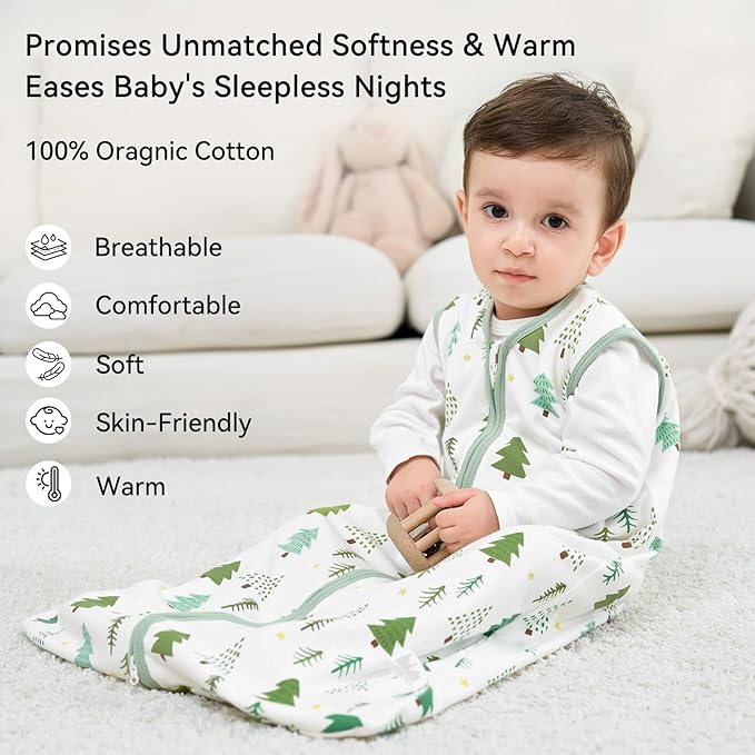Baby Sleep Sack 12-18 Months 1.0 Tog Baby Wearable Blanket 100% Cotton Sleeping Sack with 2-Way Zipper for Toddler Infant Green Tree