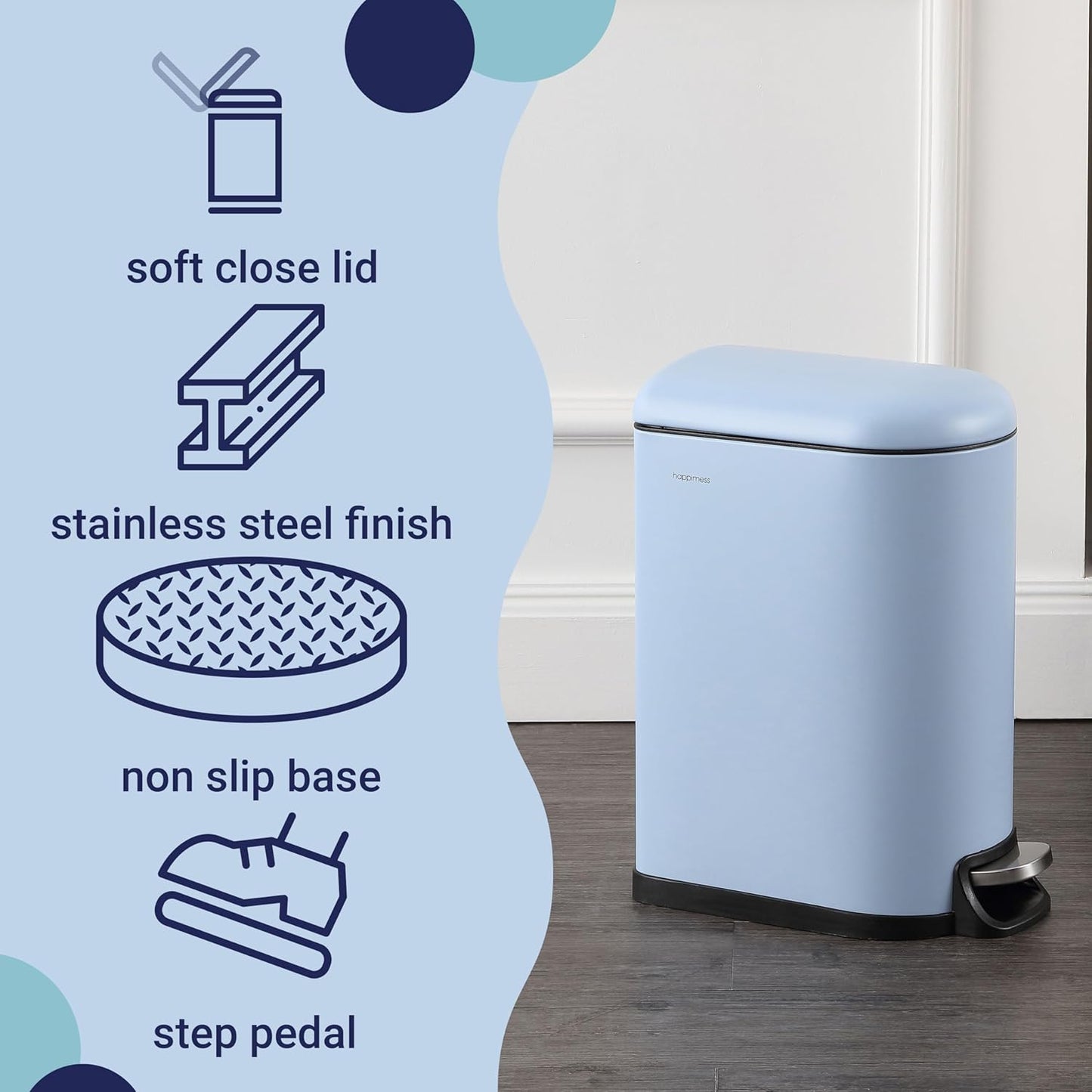 happimess HPM1009H Roland Mini 2.6-Gallon Step-Open Trash Can, Tide Pool Blue,with Soft-Close Lid, Fingerprint Resistant, Modern, Minimalistic for Home, Kitchen, Office, Bedroom, Bathroom