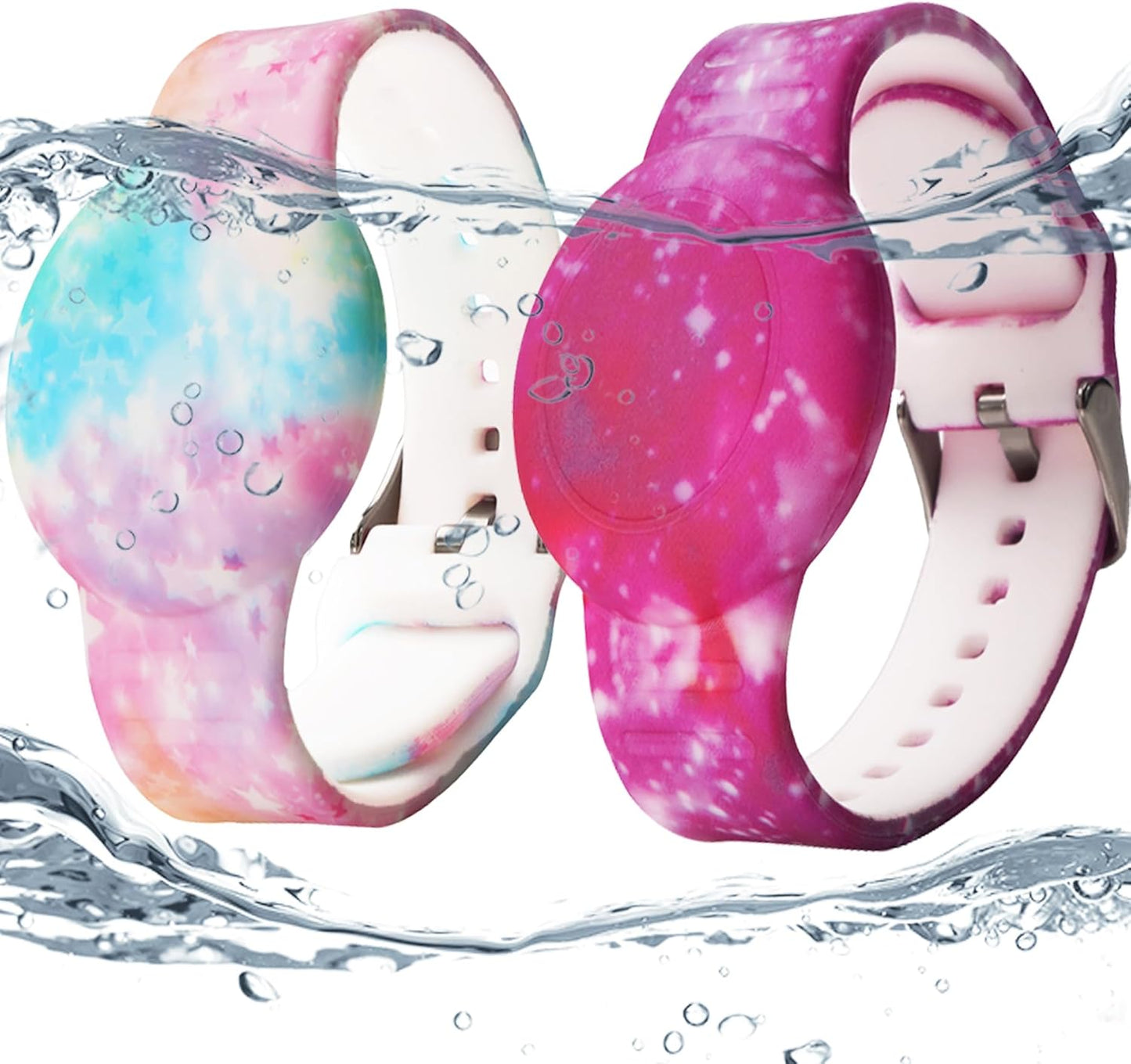 2 Pack Waterproof AirTag Bracelet for Kids, Hidden Printed Wristband for Apple Air Tag, Silicone AirTag Holder GPS Tracker Case for Band for Child Toddler, Secure Anti-Lost Protection(Pink,Purple)