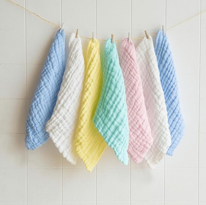 Muslin Baby Washcloths Pack of 7 - Soft Sweat Cloths for Newborn, Absorbent Baby Bath and Face Towels, 100% Cotton Baby Wipes,Burp Cloths,Feeding Towels for Babies and Infants,Solid-10 x 10’’