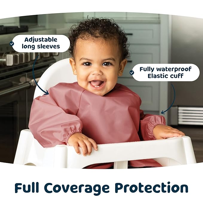 Tiny Twinkle Long Sleeve Bib for Babies & Toddlers – 2 Pack Waterproof Smock Bibs for Eating – Machine Washable & Mess-Proof, Baby Feeding Essential & Shower Must-Have (Taupe Dandelion,2-4Y)