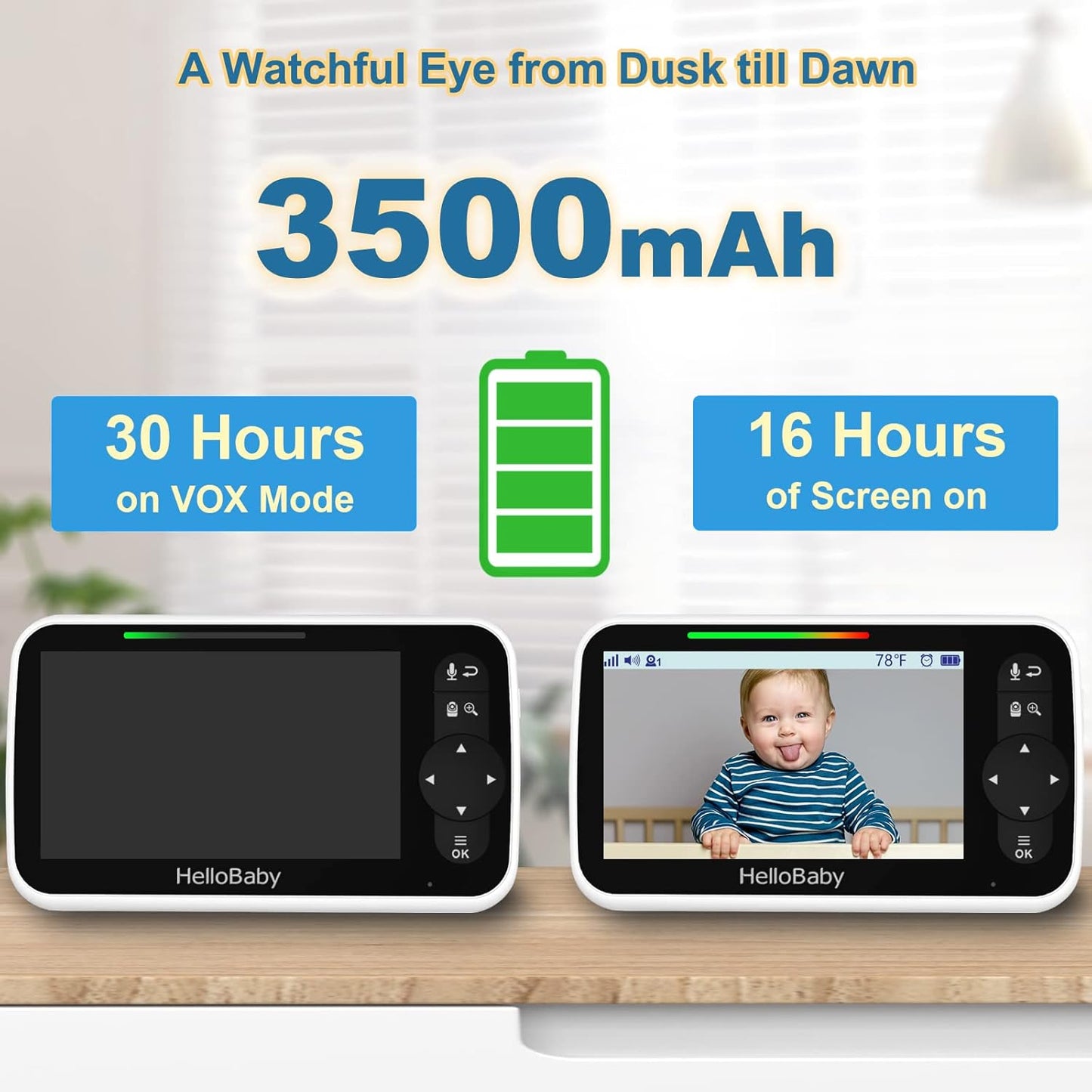 HelloBaby 5 Inch Video Baby Monitor with Camera and Audio, Remote Pan-Tilt-Zoom Camera with Night Vision, 2-Way Talk, Temperature, 8 Lullabies and 1000ft Range Baby Monitor No WiFi Needed