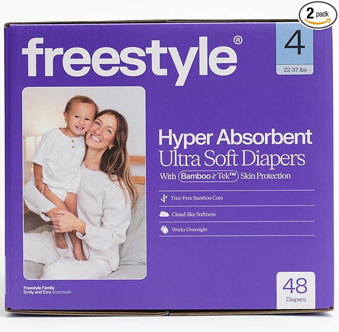 Freestyle BambooTek Diapers – (Size 4) Hyper Absorbent & Non-Toxic – Disposable Diapers for Sensitive Skin – Ultra Soft Diaper's (22-37 lbs) – 48 Count