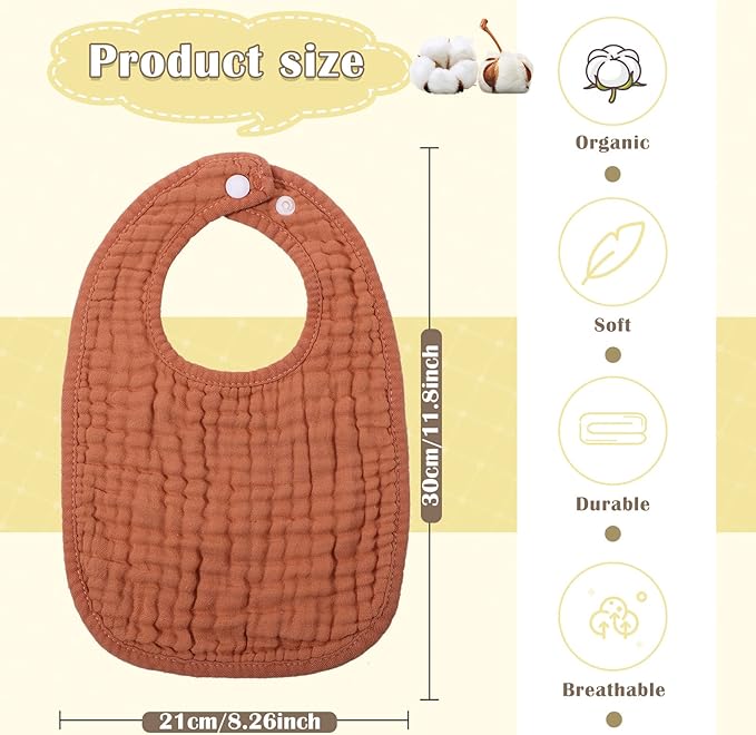 Frienda 8 Pcs Muslin Baby Bibs Cotton Bandana Drool Bibs Bulk for Newborn Infant 6 Absorbent Layers Feeding Accessory