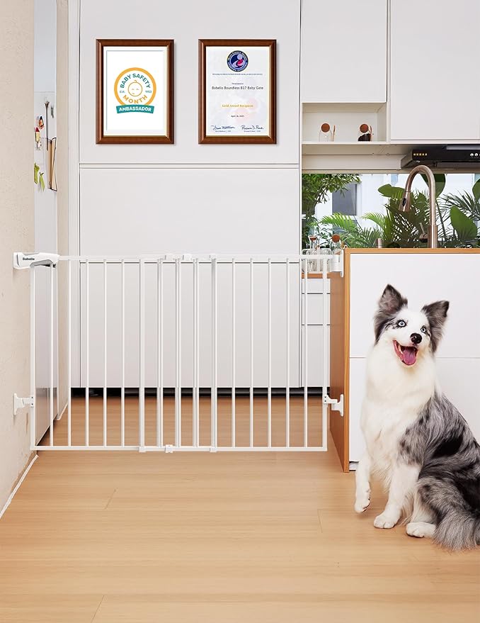 Babelio 31.5-55" No Bottom Bar Baby Gate Extra Wide, 2-in-1 Auto Close Dog Gate for The House, Stairs and Doorways, with Large Walk Thru Door, White