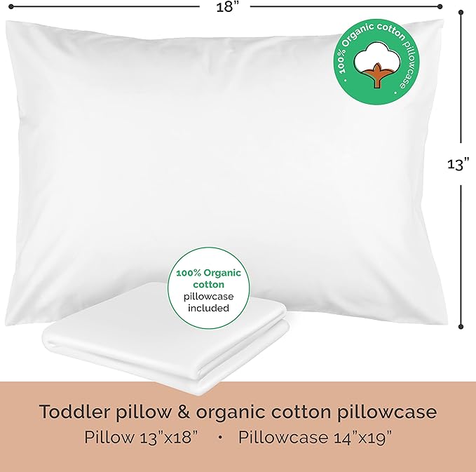 Toddler Pillow with Pillowcase - 13x18 Soft Organic Cotton Toddler Pillow for Sleeping - Washable Nap Pillow - Travel Pillow for Kids - Toddler Sleeping Pillow Toddler Bedding (White)