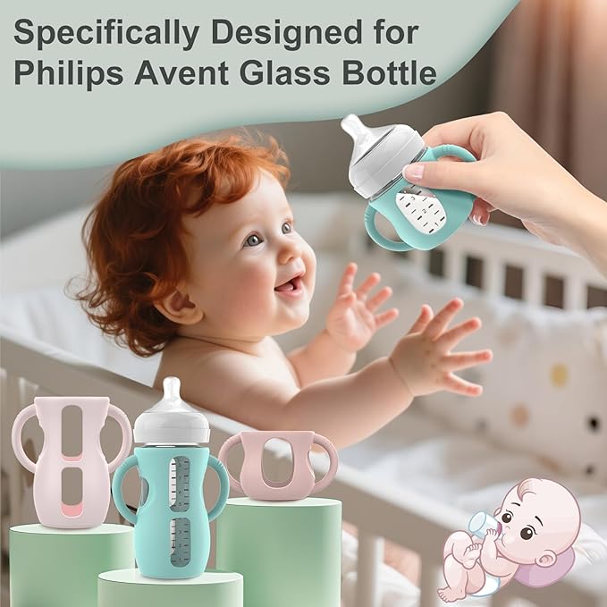 3PCS Philips Avent Glass Bottle Silicone Sleeves with Handles, Compatible with Philips Avent Glass Bottles 8 oz, Suitable for Avent Baby Bottles 8 oz, and Easy to Clean