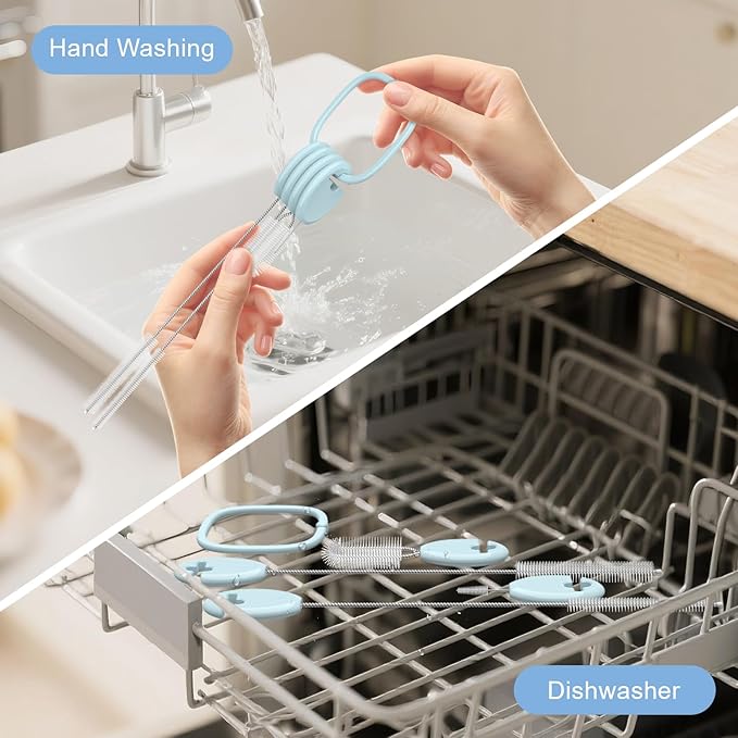 YOTIME Standing Straw Cleaner Brush Set, 4in1 Reusable Straw Brushes with Holder Ring, for Wide and Narrow Straws, Tumblers, Water Bottles and Cups, Blue