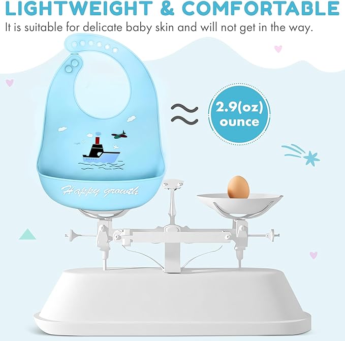 Silicone Baby Bibs Unisex, Self-Feeding, Catch-all Large Pocket, 6-48 months, BPA-Phthalate Free, w/Travel Case