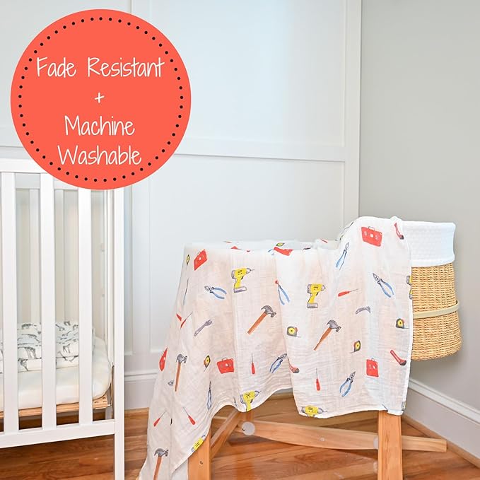 LollyBanks Muslin Swaddle Blankets, Soft Cotton Muslin Baby Blanket, 47 x 47 Inches Newborn Swaddle, Baby Boy Essentials, Registry (Tool Box Print)