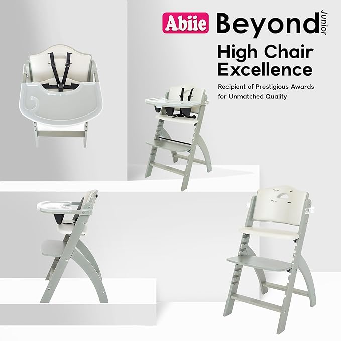 Abiie Beyond Junior Wooden High Chair with Tray - Adjustable and Convertible High Chair for Babies and Toddlers - 6 Months to 250 Lb - Water Resistant - Misty Grey Wood/Dove Grey Cushion
