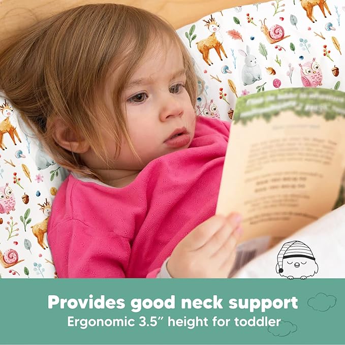 Toddler Pillow with Pillowcase - 13x18 My Little Dreamy Kids Travel Bed Pillows for Sleeping, Organic Cotton Small Pillowcase, Soft & Breathable, Machine Washable, Toddlers 2-5 Years Old (Forestland)