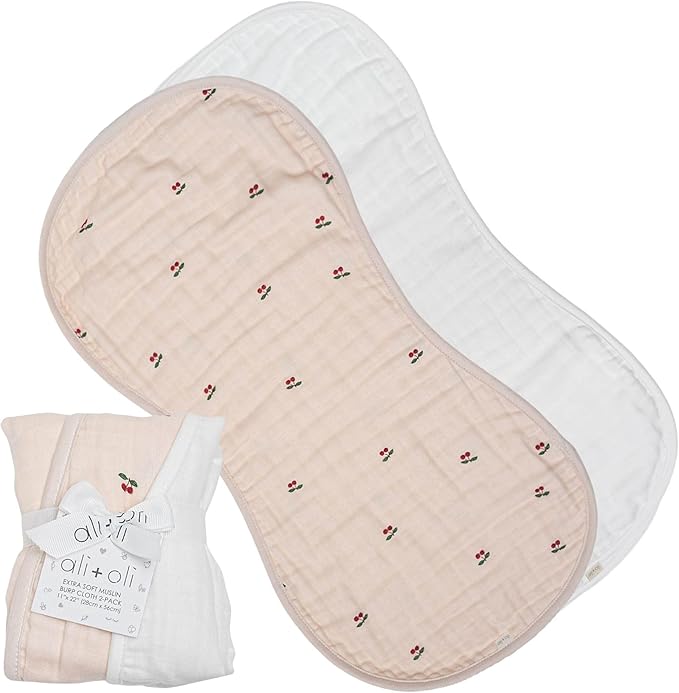 Ali+Oli 2-pk Muslin Burp Cloths for Baby Boys and Girls (Cherry-White) Organic Baby Burp Cloth, Burp Rags for Newborn