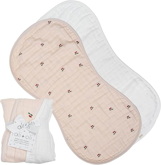 Ali+Oli 2-pk Muslin Burp Cloths for Baby Boys and Girls (Cherry-White) Organic Baby Burp Cloth, Burp Rags for Newborn
