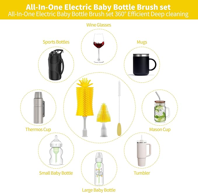 Electric Bottle Brush Cleaner, Portable Electric Baby Bottle Brush Cleaner for Travel, Rechargable Travel Bottle Cleaner Kit with Nipple & Straw Brush, Perfect Mom Essentials After Birth Gift, Yellow