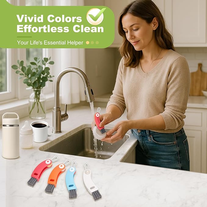 3 in 1 Cup Lid Cleaning Brush 4 Pack - Multifunctional Cleaning Brush Set for Tight Spaces, Bottle Gaps & Travel Mugs | Portable Durable Cup Lid Cleaner Tools with 4 Assorted Colors (Home Kitchen Use)