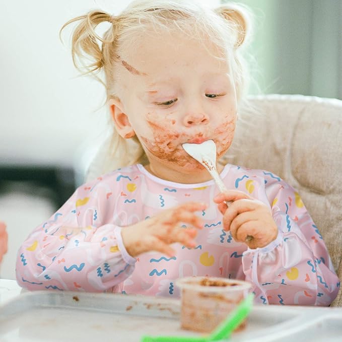 3 Pcs Long Sleeved Bib Set|Baby Waterproof Bibs with Pocket Bundle|Toddler Bib with Sleeves|Stain Resistance Smock 6-24 Month