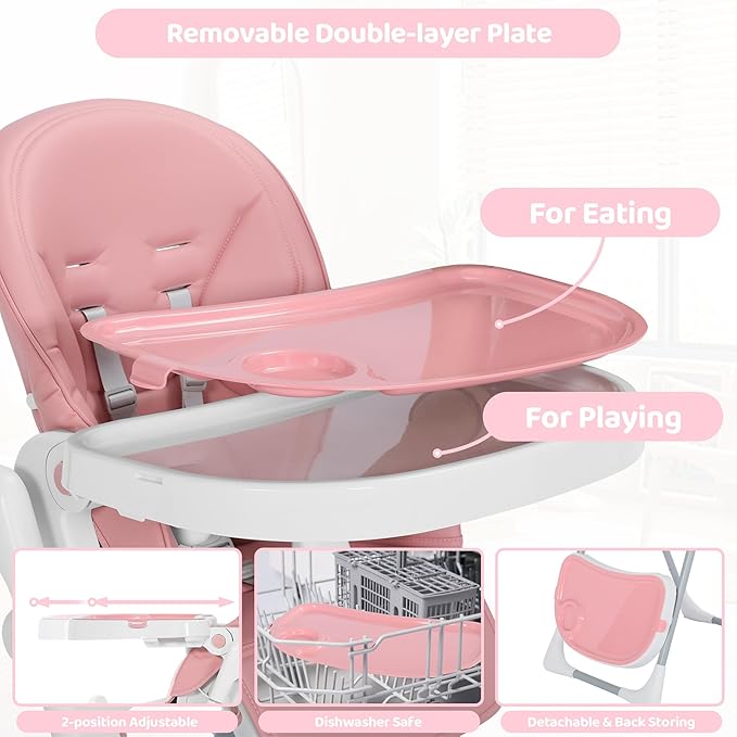 3 in 1 Foldable Baby High Chair, Infant High Chairs for Babies and Toddlers, 6 Height & 5 Recline Adjustable Toddler Feeding Chair, 2 Tray Depth & 3 Footrest Angles, 2 Built-in Wheels, Pink
