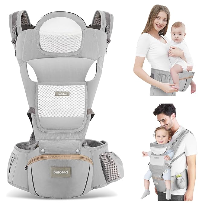 Baby Carrier with Hip Seat,Ergonomic M Position 6in1 Baby Carrier Newborn to Toddler,Head Support and Breathable Mesh Newborn Carrier,Adjustable Baby Holder Carrier for Dad&Mom-Grey