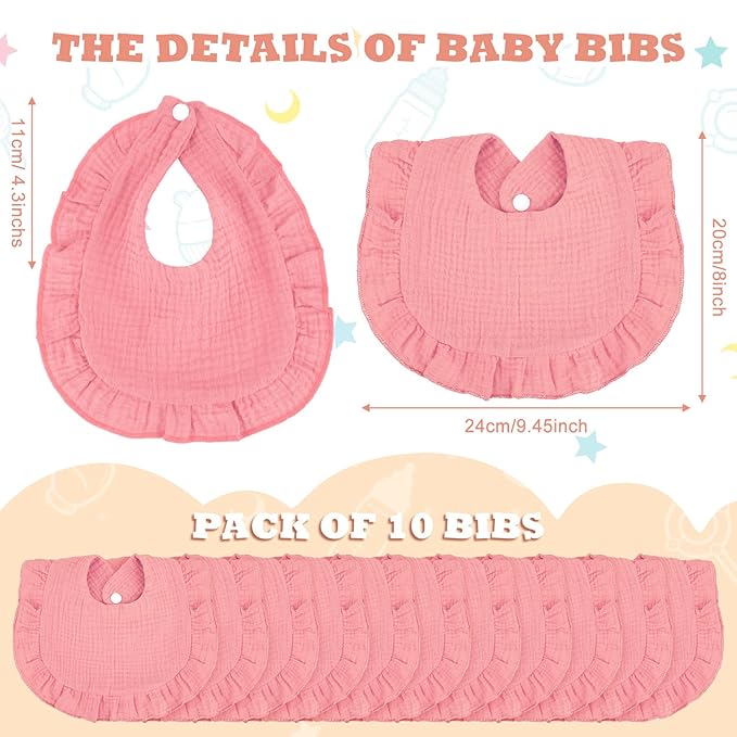 Seematn 10 Pcs Baby Muslin Bibs Drool Bibs Bandana Ruffle Soft Cotton for Newborn Baby Infants Girl Teething Toddlers Boy(Pink)