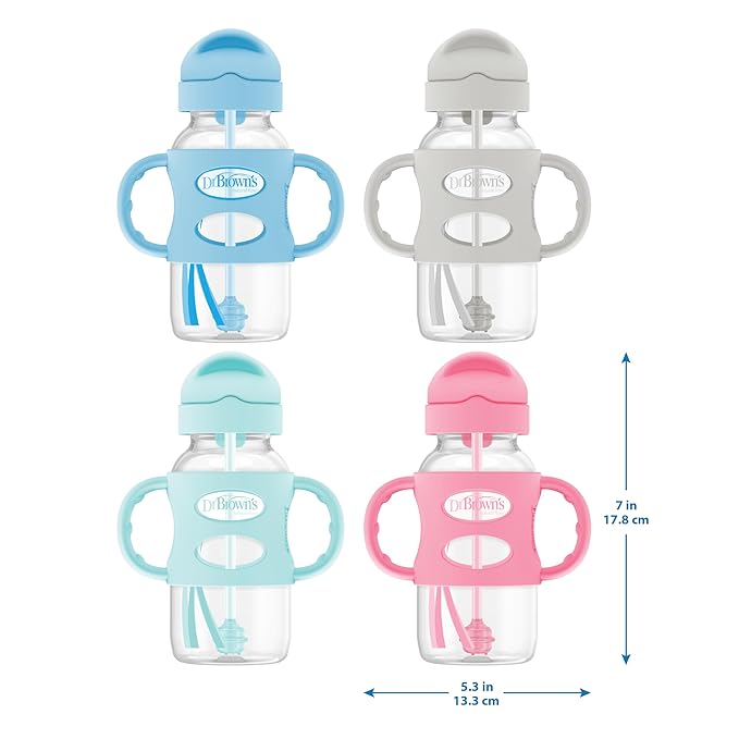 Dr. Brown's Milestones Wide-Neck Sippy Straw Bottle with 100% Silicone Handles and Weighted Straw, 9 oz/270 mL, Gray & Green, 6m+