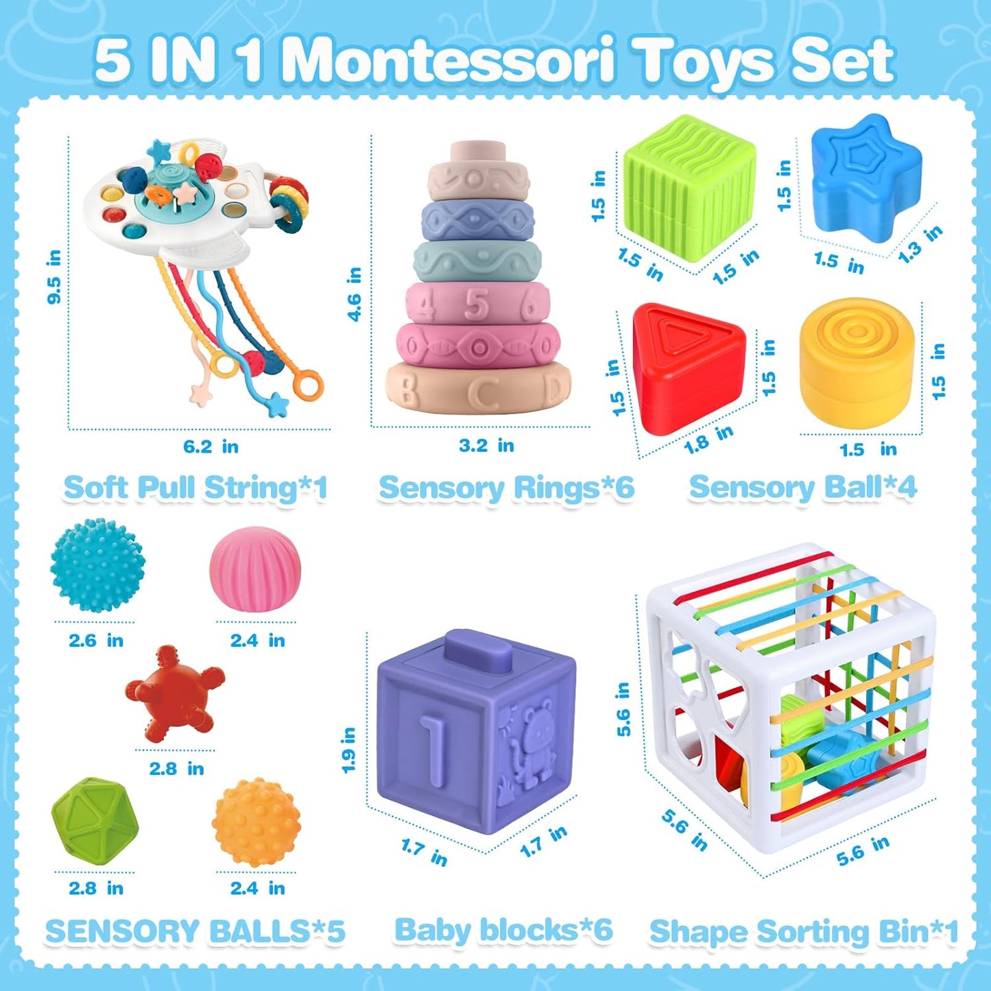 SpringFlower 5 in 1 Baby Toys 6 to 12 Months, Montessori Toys, Soft Baby Teething Toys, Sensory Bin Toy, Stacking Building Blocks & Rings Infants,Sorting Sensory Learning Gift for Toddlers Aged 1-3