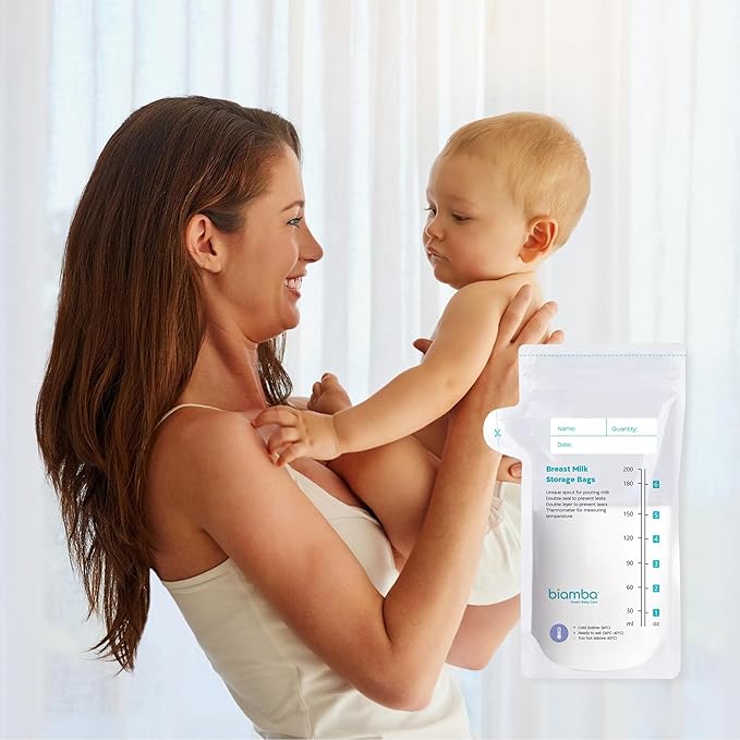 50-Piece Milk Storage Bags Breastmilk by Biamba - Breastmilk Storage Bag Freezer BPA-Free, Double Seal Leak-Resistant, Temperature Indicator, Easy Pour Spout, Pre-Sterilized, 200ml / 6.7 Fl.oz Per Bag