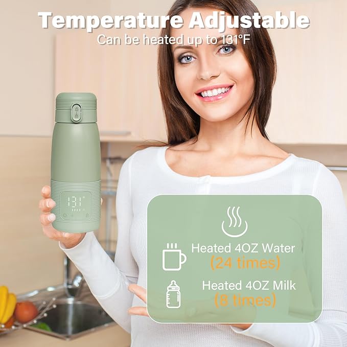 Portable Bottle Warmer for Travel - 5-Min Heating for Breast Milk, Formula & Water, 12oz Large Capacity, Long Battery Life, Baby Flask for Vehicle Car Airplane Journey