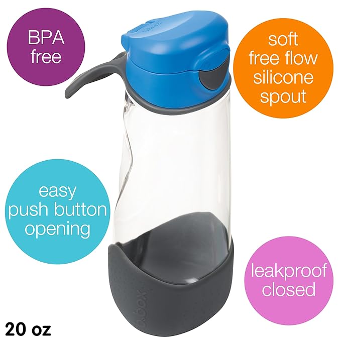b.box 20 oz Sport Spout Kids Water Bottle for School, Sports, Travel, Daycare. Leakproof, Spill Proof, Dishwasher Safe. Easy Grip Triangle Shape, Durable Tritan Material. BPA Free.