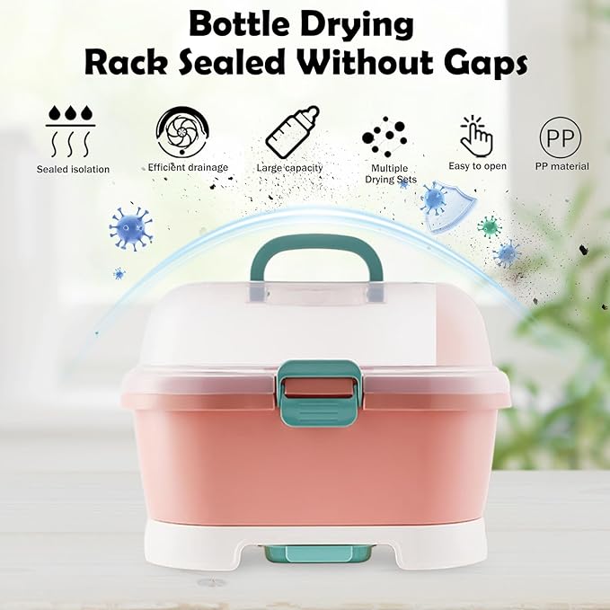 Baby Bottle Organizer for Storage, Baby Bottle Storage Large Capacity with Lid Cover Anti-Dust Protection and Cutlery Storage Drying Rack Portable Large Capacity Bottle Organizer(Pink)