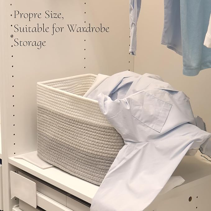 Hopegiver Storage Baskets for Organizing with Handle, Woven Baskets for Shelves - Durable Gift Basket for Cloth Toys Books Baby, Cotton Rope Basket for Dog Cat, 15x11x10 Inch(White&Light-Gray&Gray)