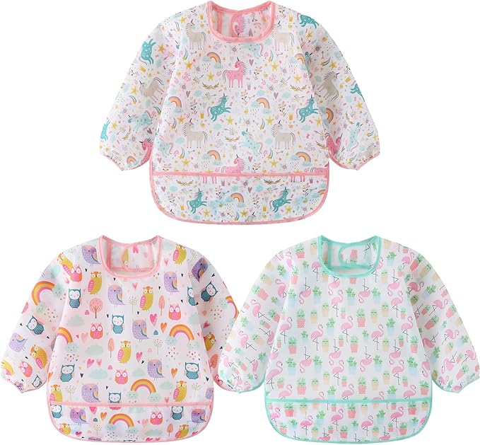 3 Pcs Waterproof Long Sleeves Baby Bibs Weaning Smock Bib 3-24 Months