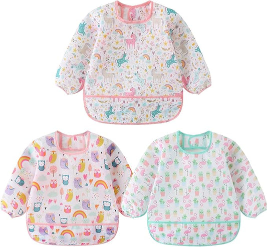 3 Pcs Waterproof Long Sleeves Baby Bibs Weaning Smock Bib 3-24 Months